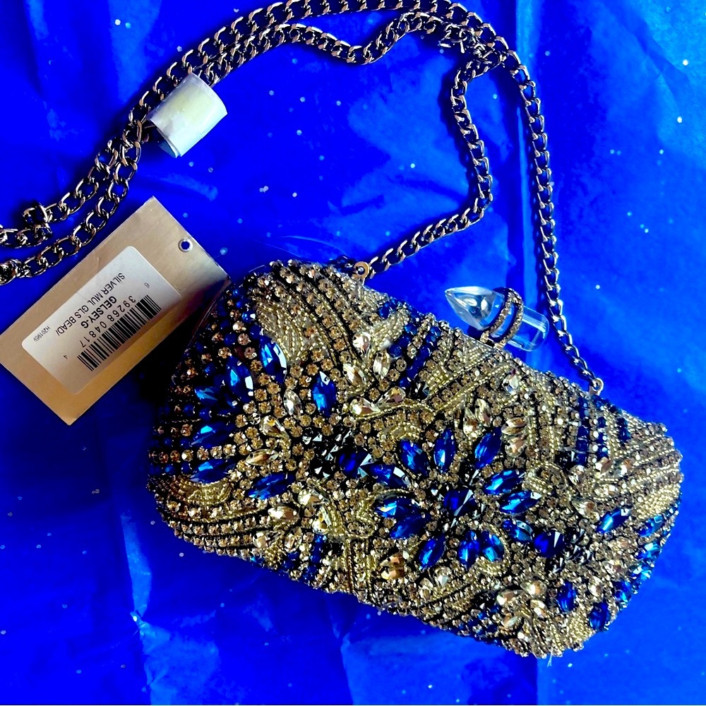 Nina Gelsey women’s Clutch bag | Silver/Blue Multi Glass Bead NWT